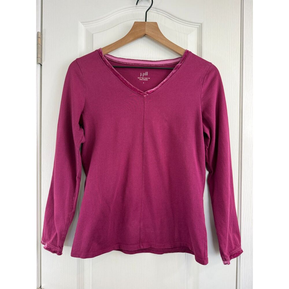 J Jill Velvet Trim V-Neck Tee Long Sleeve Plum Purple Cotton Women's S Small